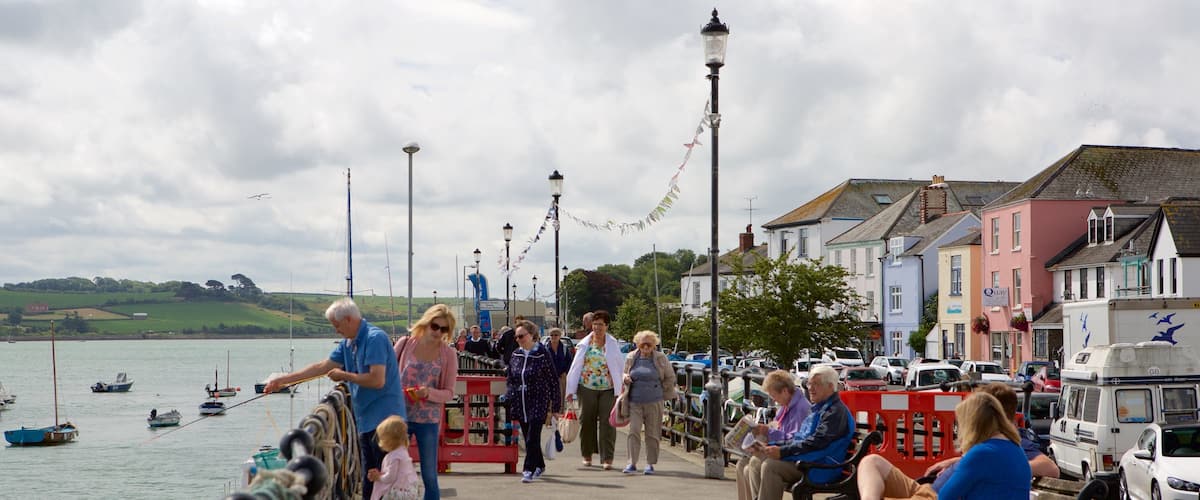 Devon que incluye una pequeña ciudad o pueblo y paseos en lancha y también un gran grupo de personas