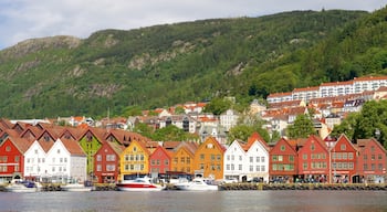 Bryggen som visar en liten stad eller by, klippig kustlinje och båtkörning