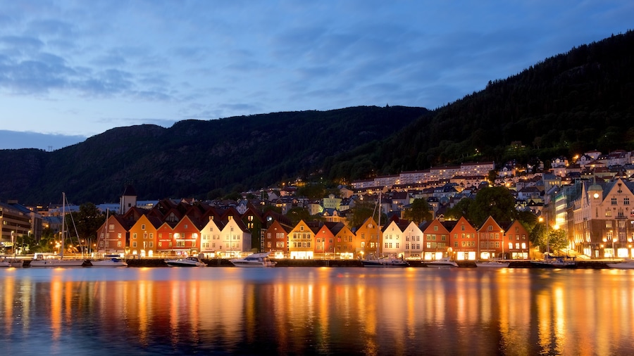 Bryggen montrant vues littorales et scènes de nuit