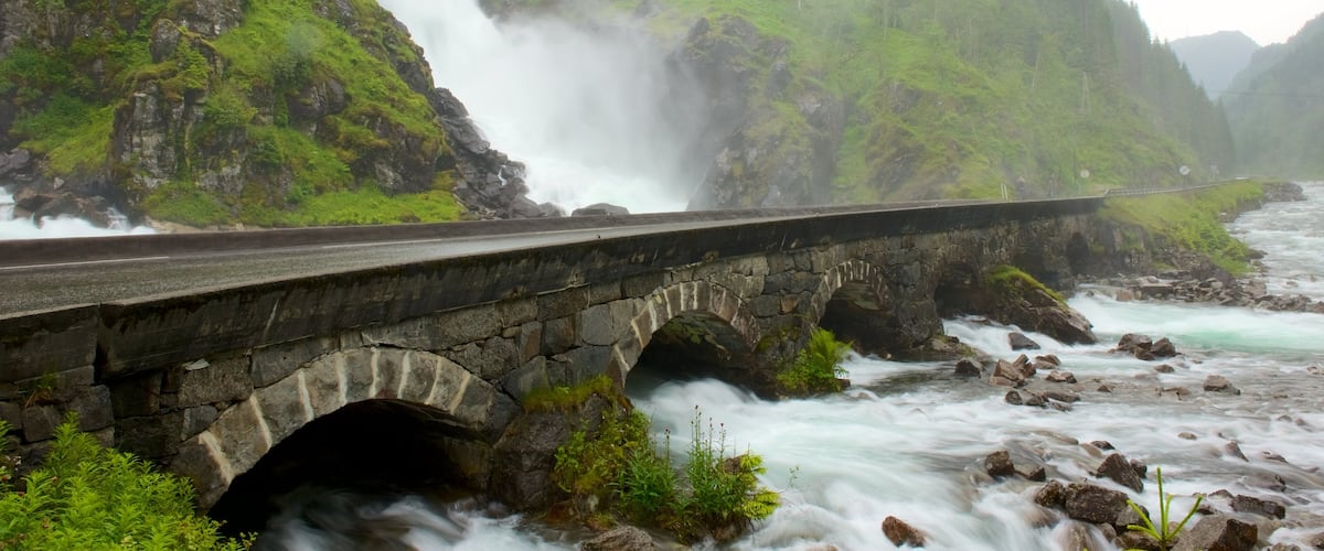 Bergen which includes rapids, a bridge and a cascade
