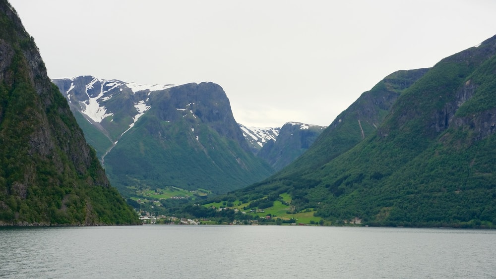 Sogne Fjord featuring mountains, a small town or village and general coastal views