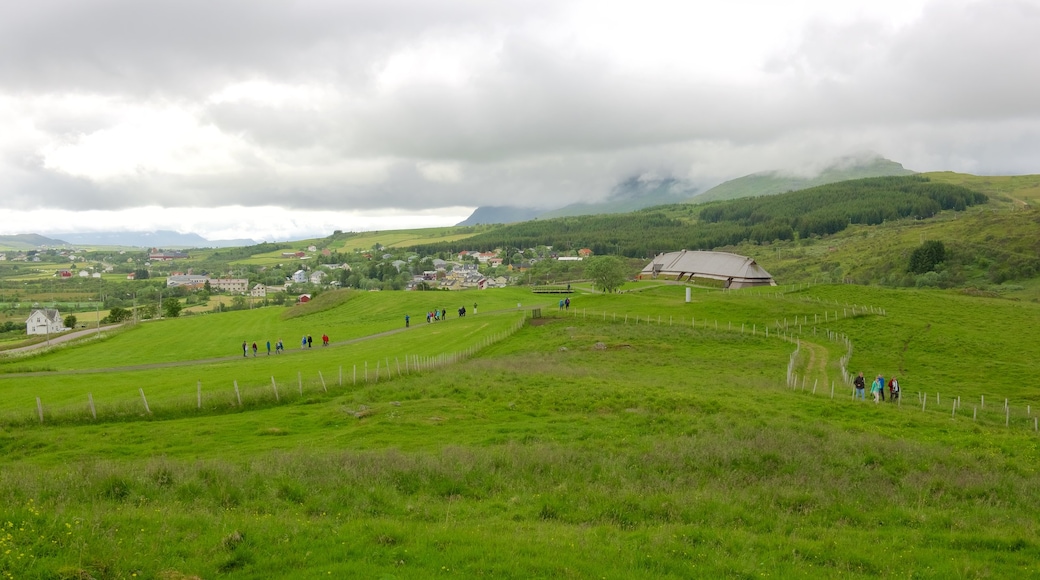 Lofotr Vikingmuseum showing farmland and a small town or village