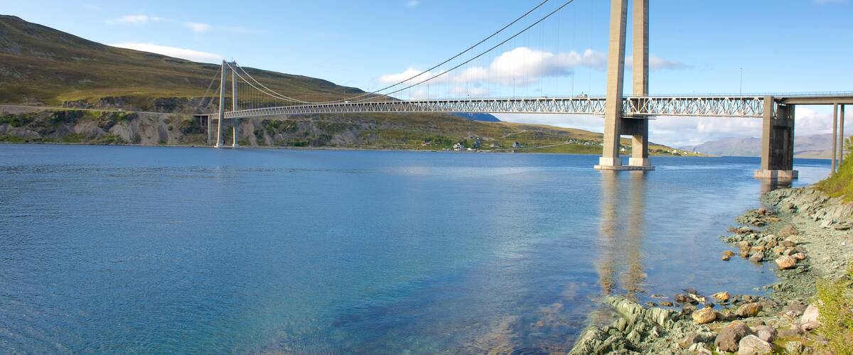 Kvalsund Bridge showing a suspension bridge or treetop walkway and general coastal views