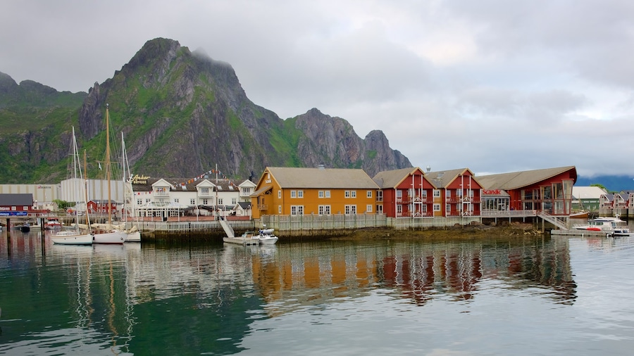 Northern Norway featuring a small town or village, mountains and boating