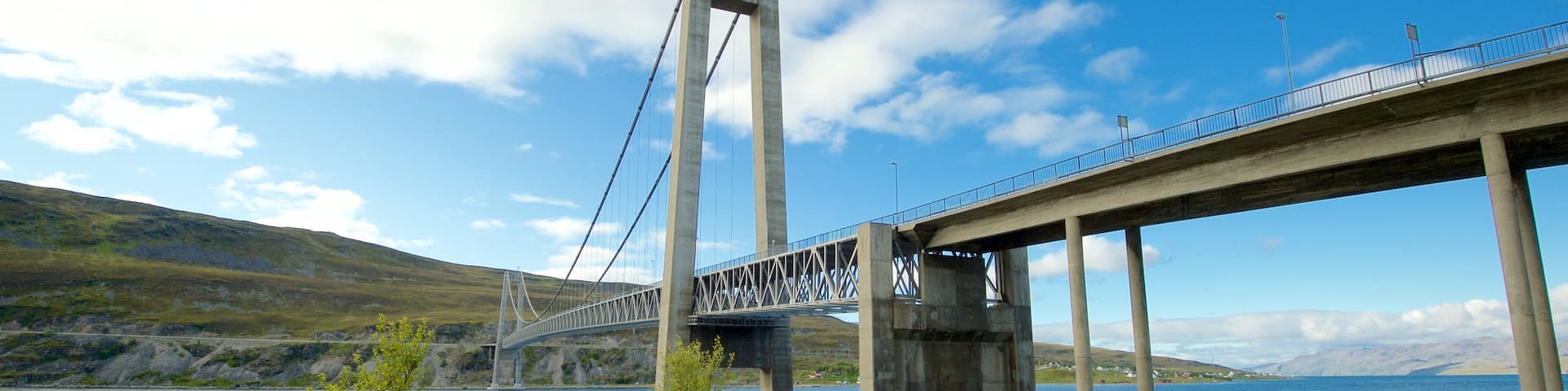 Kvalsund Bridge showing a suspension bridge or treetop walkway and general coastal views