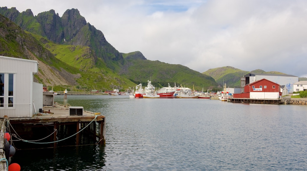 Leknes which includes mountains and a river or creek