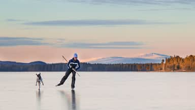 Vemdalen mit einem Sonnenuntergang und Eislaufen