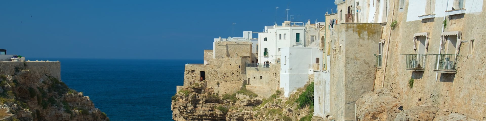 Polignano a Mare mostrando litoral acidentado, uma praia de pedras e uma cidade litorânea
