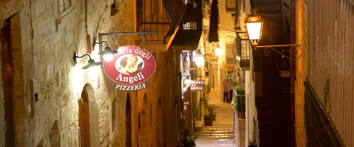Vieste which includes signage and night scenes