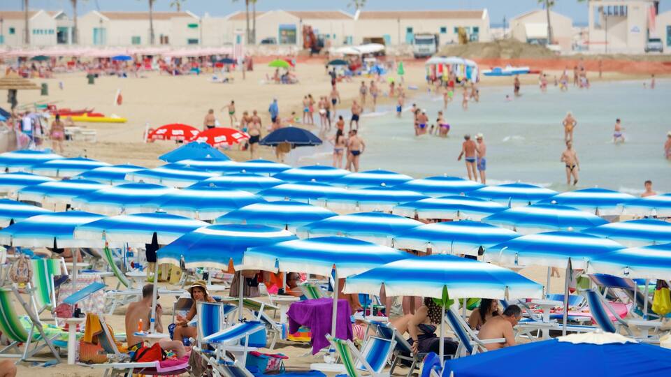 Rodi Garganico which includes a beach and general coastal views as well as a large group of people