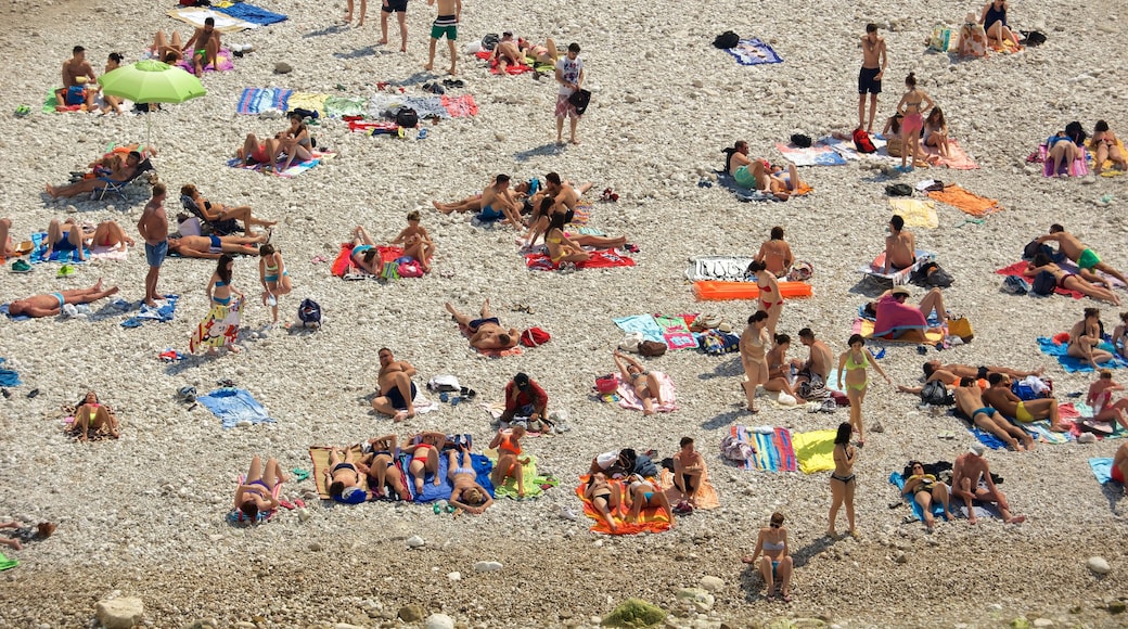 Polignano a Mare ofreciendo una playa de guijarros y también un gran grupo de personas