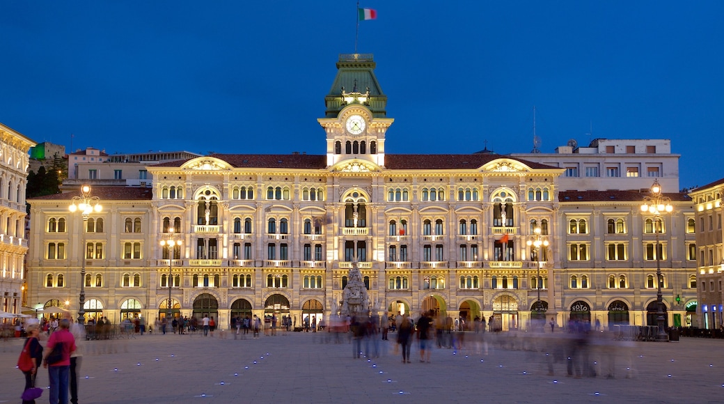 Palazzo del Municipio mostrando architettura d\'epoca, paesaggio notturno e piazza