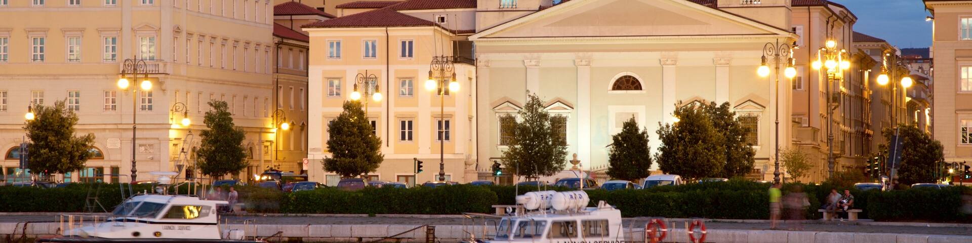 Trieste featuring a river or creek, religious aspects and night scenes