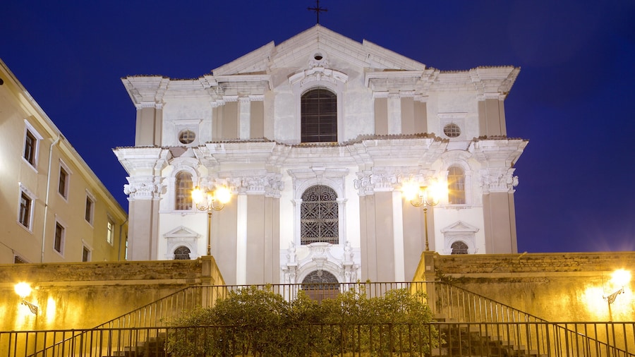Trieste que incluye arquitectura patrimonial, un edificio administrativo y escenas nocturnas