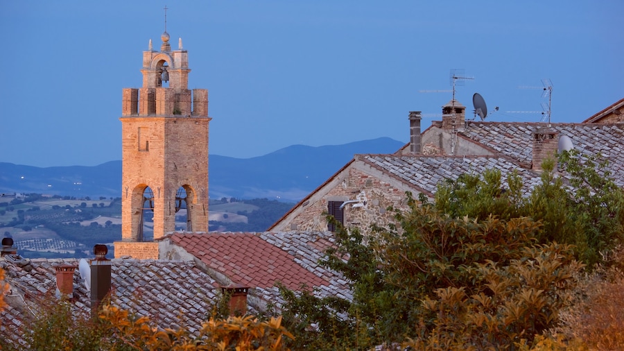 Montalcino featuring a sunset and heritage architecture