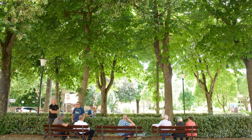 Pienza mit einem Garten sowie große Menschengruppe