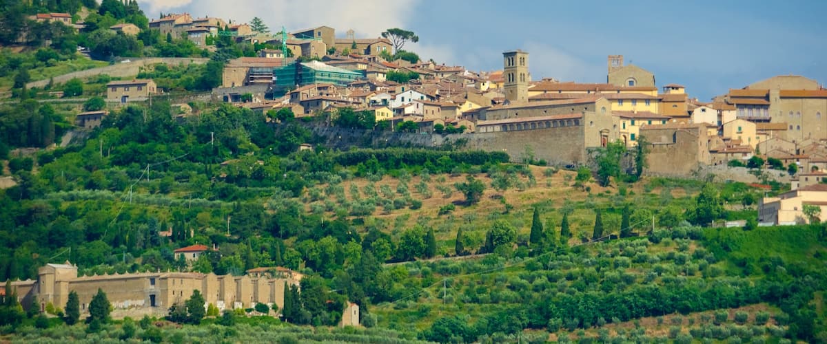 Cortona showing a city and farmland
