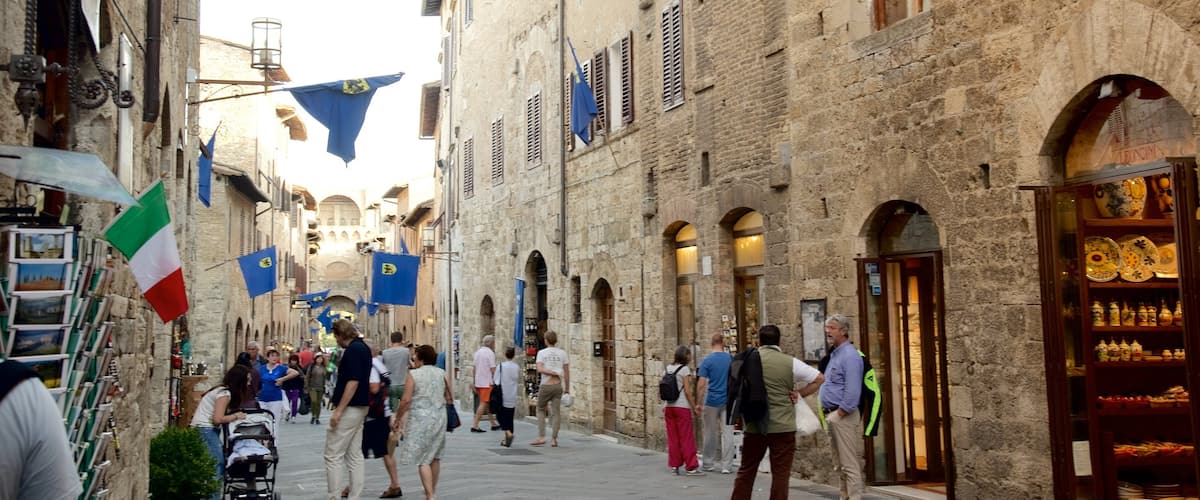 San Gimignano ofreciendo compras y escenas urbanas y también un gran grupo de personas