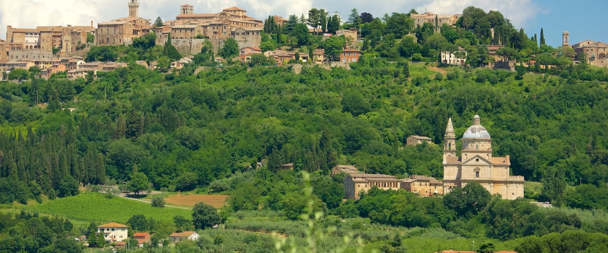Montepulciano welches beinhaltet Stadt, historische Architektur und Landschaften