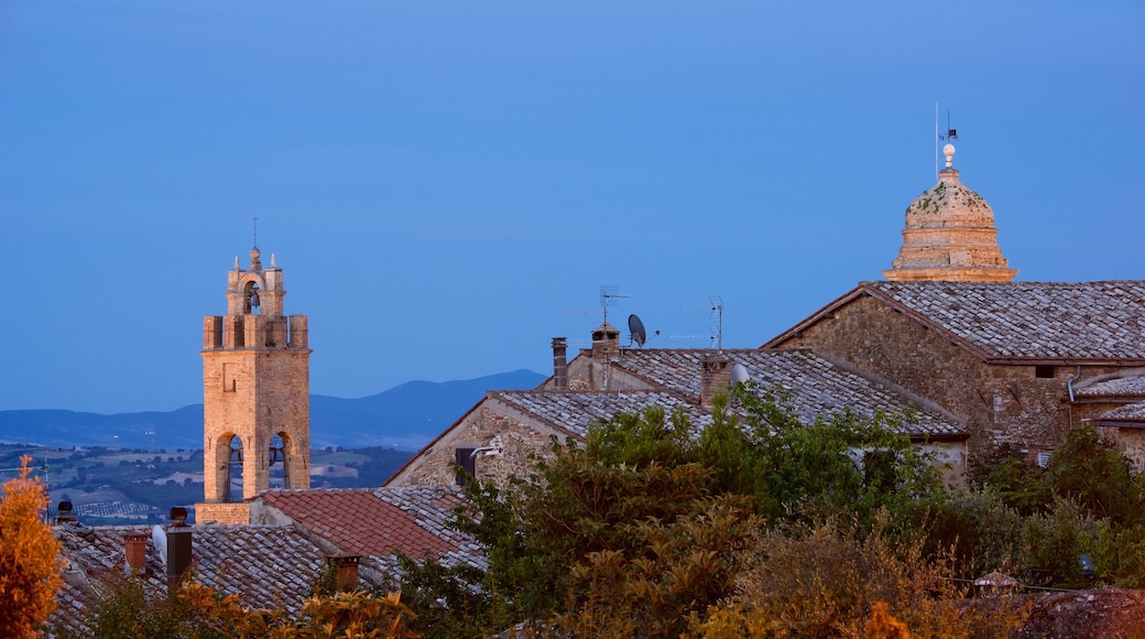 Montalcino featuring a sunset, heritage architecture and skyline