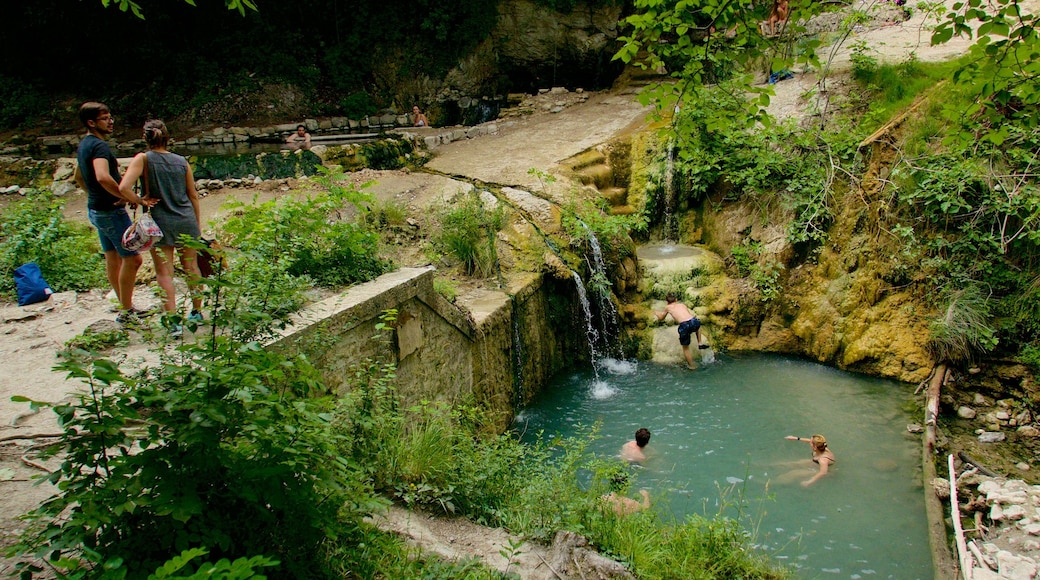 Bagni San Filippo che include lago o sorgente d\'acqua e nuoto cosi come un piccolo gruppo di persone