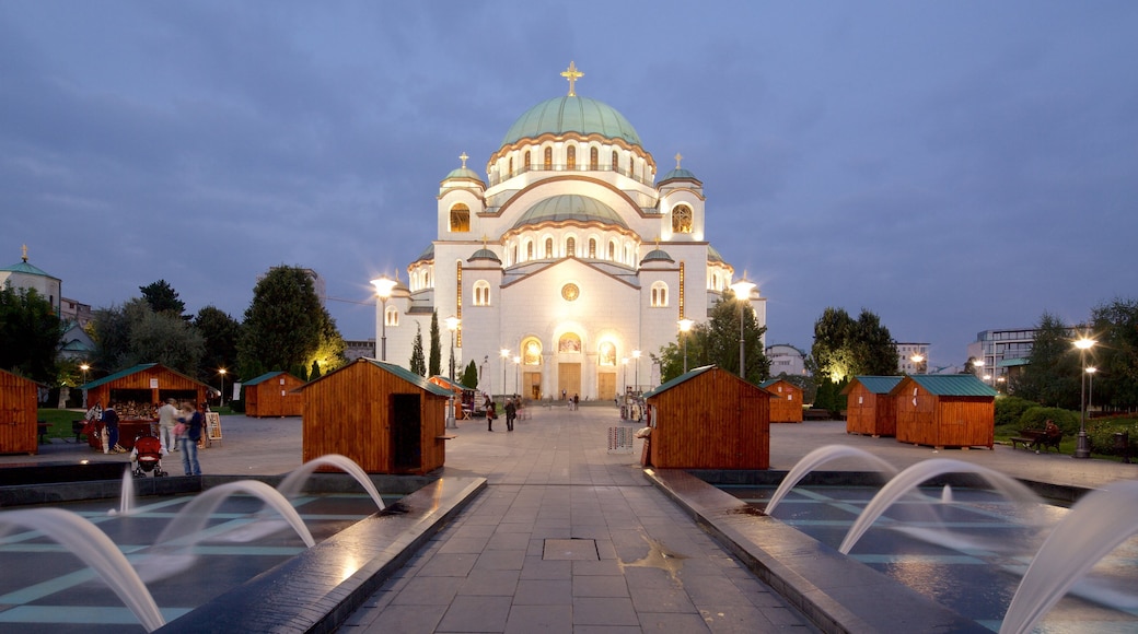 Cathedral of Saint Sava showing a city, a fountain and a church or cathedral