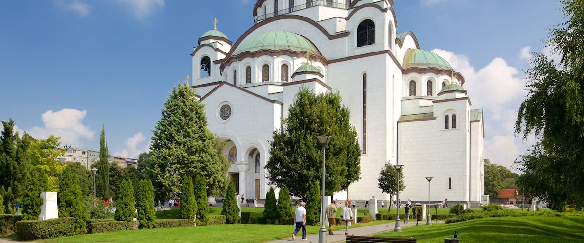 Cathedral of Saint Sava showing a church or cathedral, heritage architecture and a garden