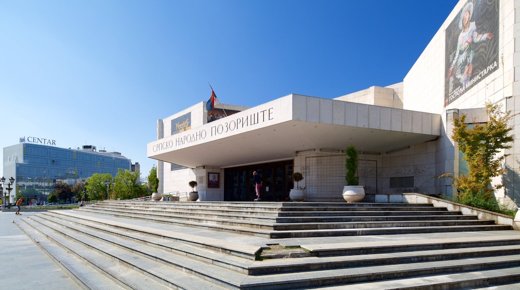 National Theatre of Serbia showing theater scenes, a square or plaza and a city