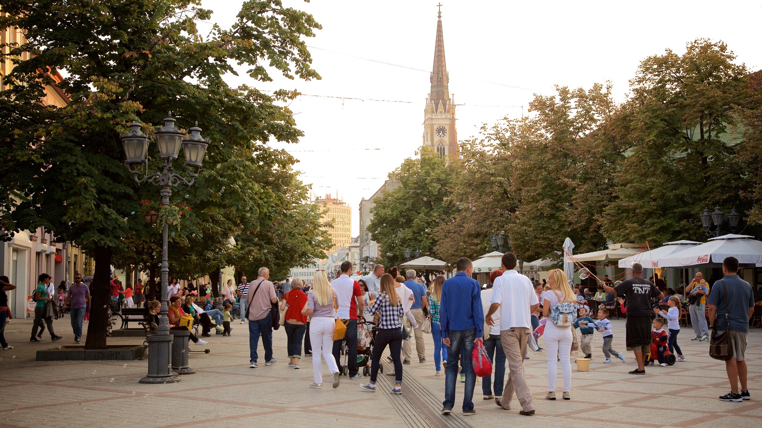 Novi Sad mostrando una puesta de sol, escenas urbanas y un parque o plaza