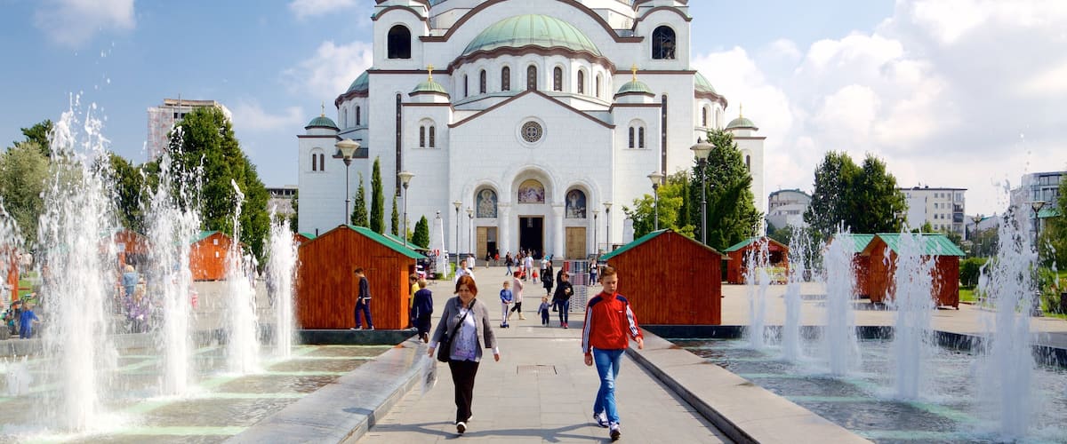 Cathedral of Saint Sava featuring heritage architecture, a church or cathedral and a fountain