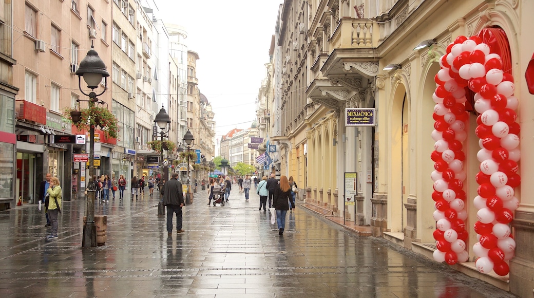 Knez Mihailova Street which includes a city and street scenes as well as a large group of people