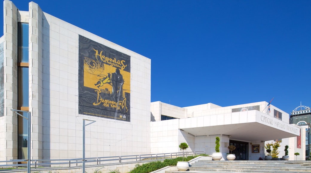 National Theatre of Serbia which includes modern architecture, a city and theatre scenes