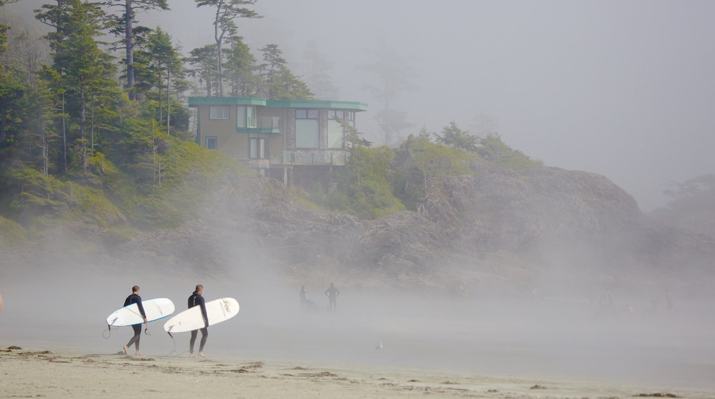 Ilha de Vancouver caracterizando surfe, uma praia de areia e neblina