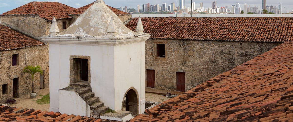 Forte dos Três Reis mostrando linha do horizonte, ruínas de edifício e elementos de patrimônio