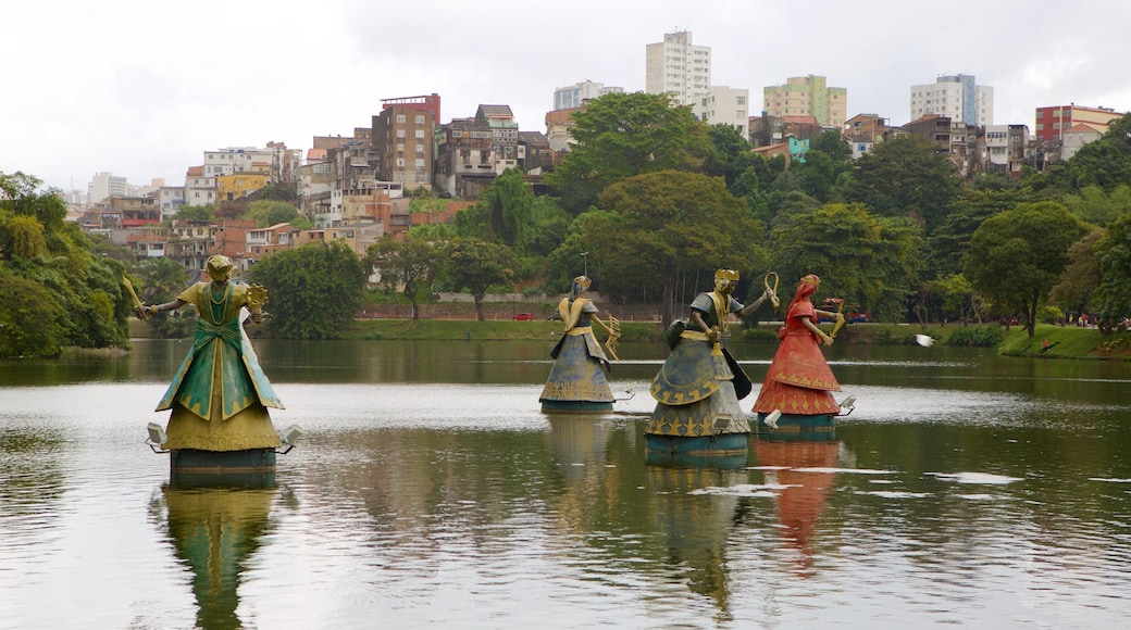 Fonte Nova Stadium which includes a lake or waterhole, a garden and a statue or sculpture