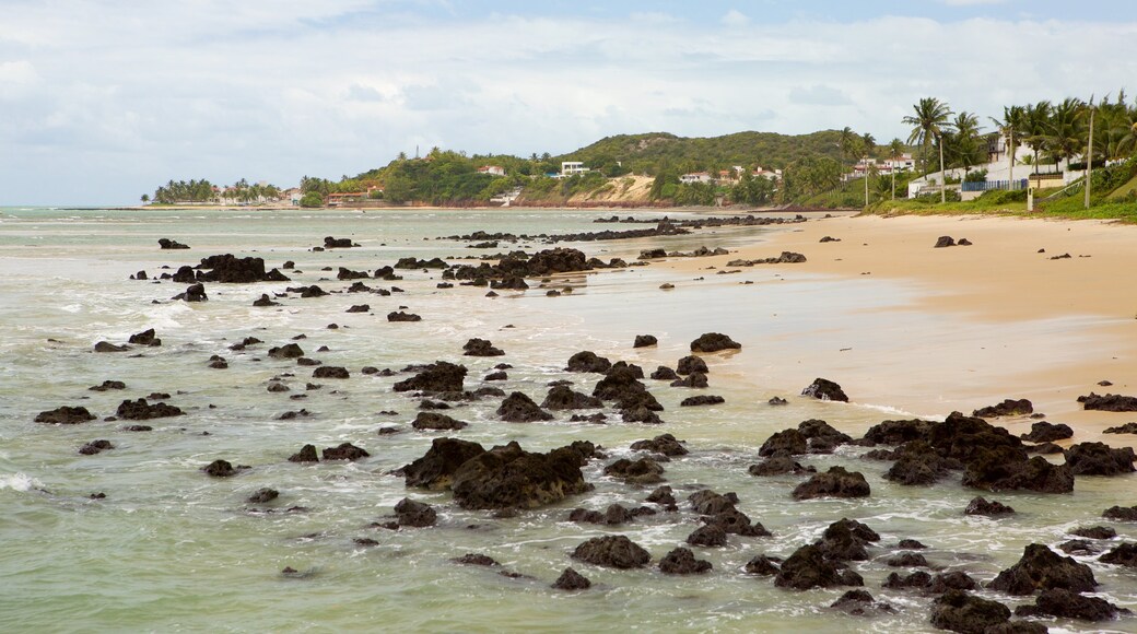 Praia de Pirangi som inkluderar kustutsikter, klippig kustlinje och en sandstrand