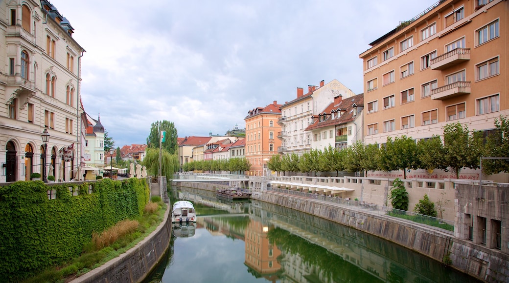 Ljubljana som visar en bro, en å eller flod och båtkörning