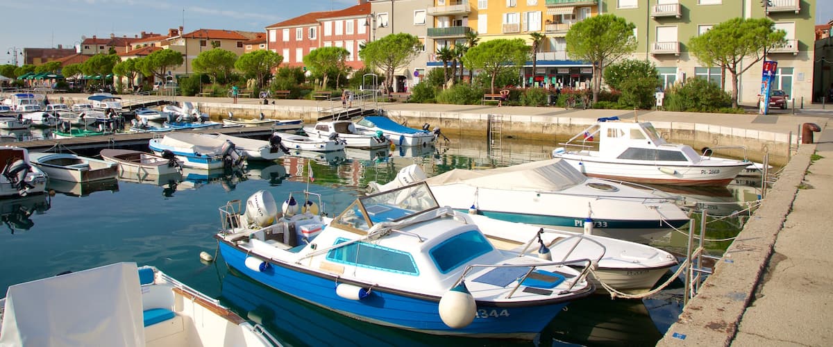 Puerto deportivo de Izola ofreciendo una marina, una ciudad costera y paseos en lancha