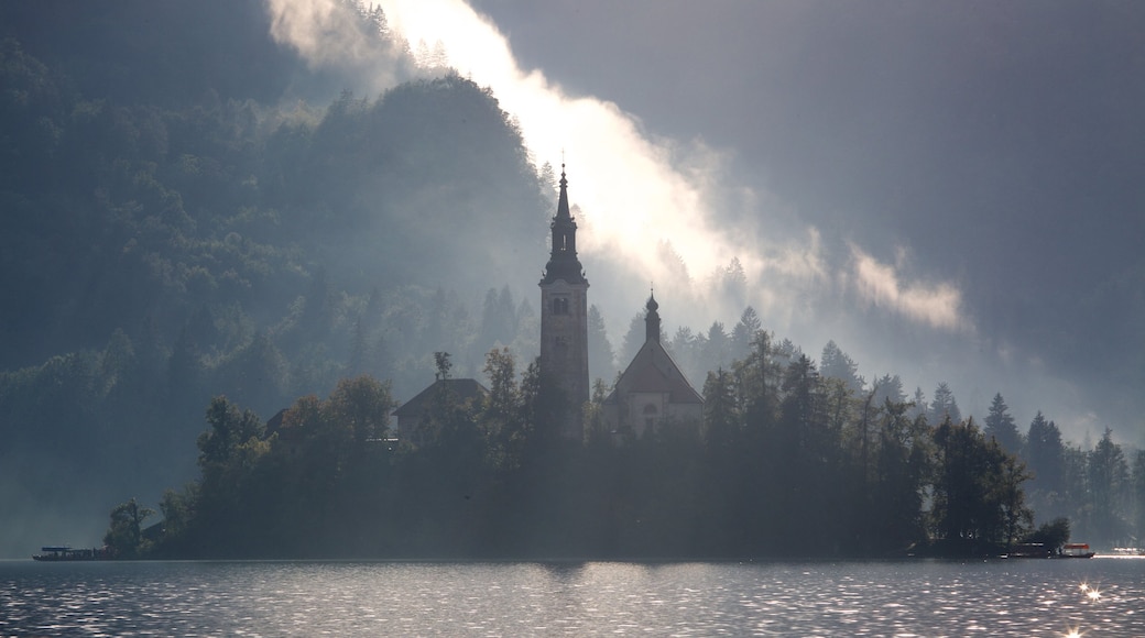 Church of Sv Marika Bozja showing mist or fog, a lake or waterhole and a castle