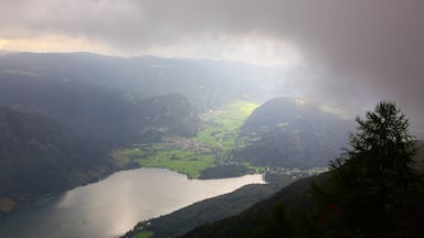 Nationaal park Triglav bevat bergen, mist of nevel en een meer of poel