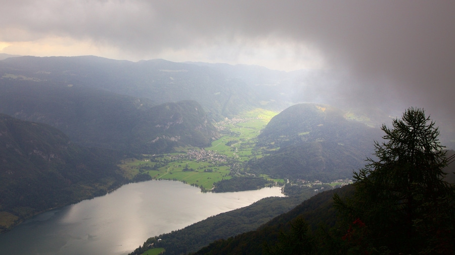 Triglav nationalpark presenterar en sjö eller ett vattenhål, dimma och berg
