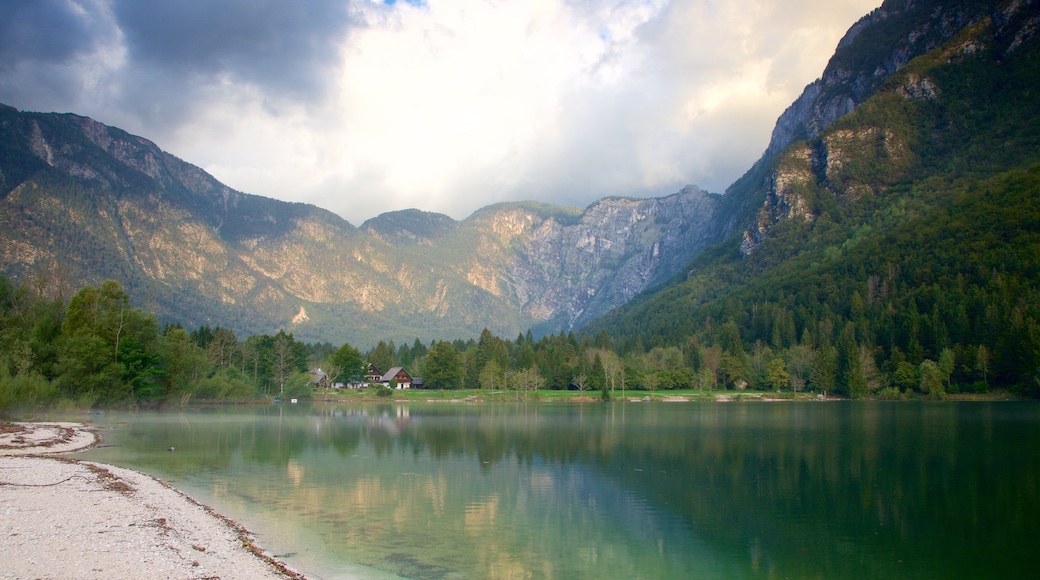 Lake Bohinj which includes a lake or waterhole and mountains