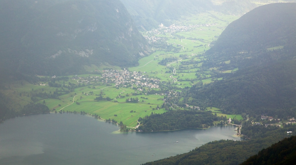 Triglav National Park which includes a small town or village, a lake or waterhole and forests