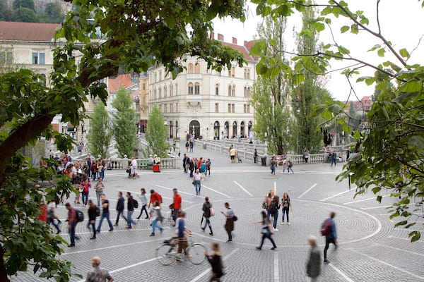 Preseren Square which includes a square or plaza as well as a large group of people