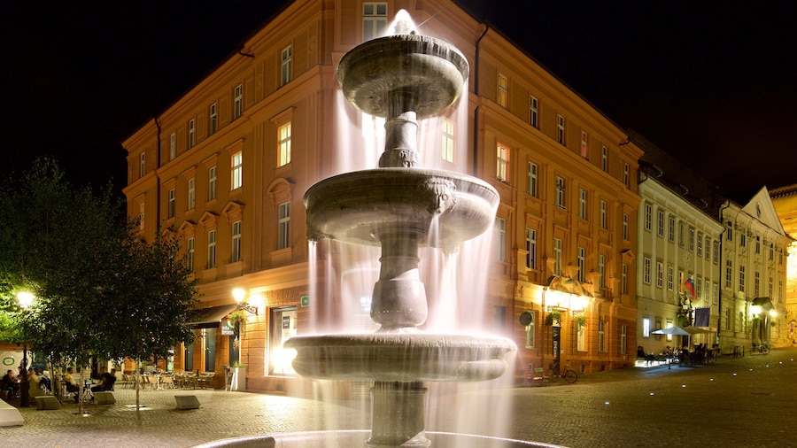 Robba Fountain showing night scenes and a fountain