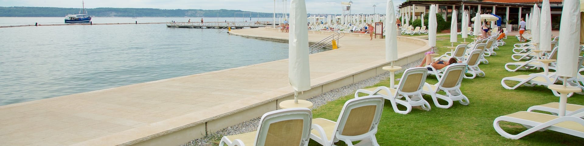 Portoroz Beach qui includes ville cĂŽtiĂšre, navigation et vues littorales