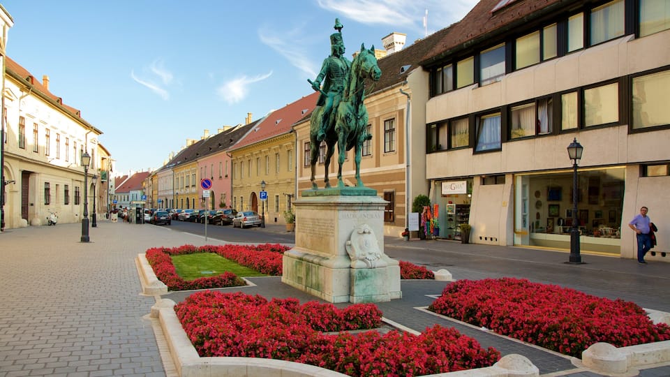 Budapest which includes flowers, a statue or sculpture and street scenes