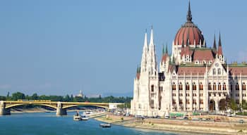 Budapest showing a river or creek, an administrative building and heritage architecture