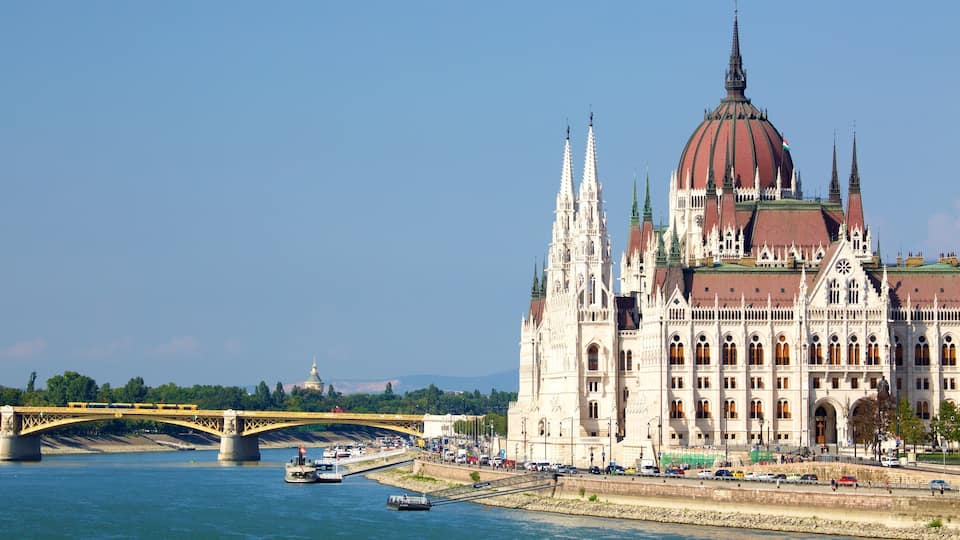 Budapest showing a river or creek, an administrative building and heritage architecture