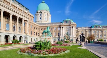 Buda-slottet presenterar blommor, en staty eller skulptur och ett slott